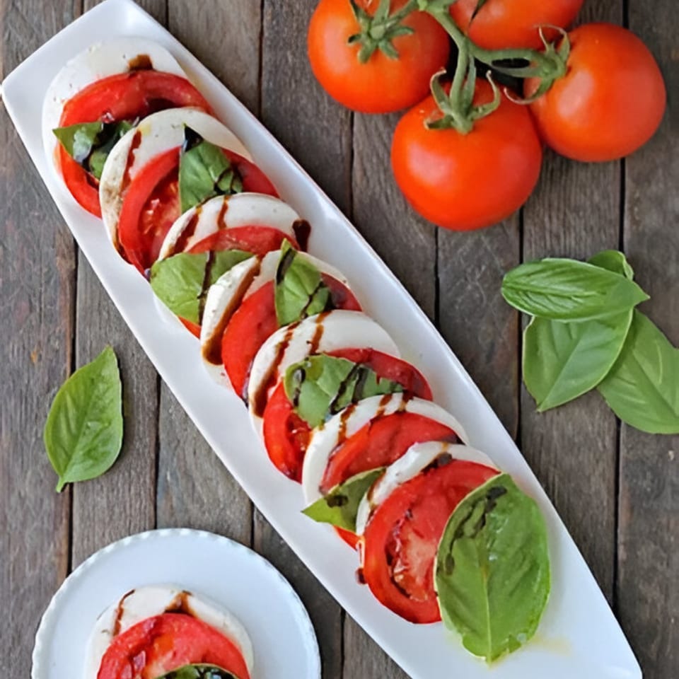 Caprese salad with sliced tomatoes, mozzarella, basil, and balsamic glaze on a white platter.