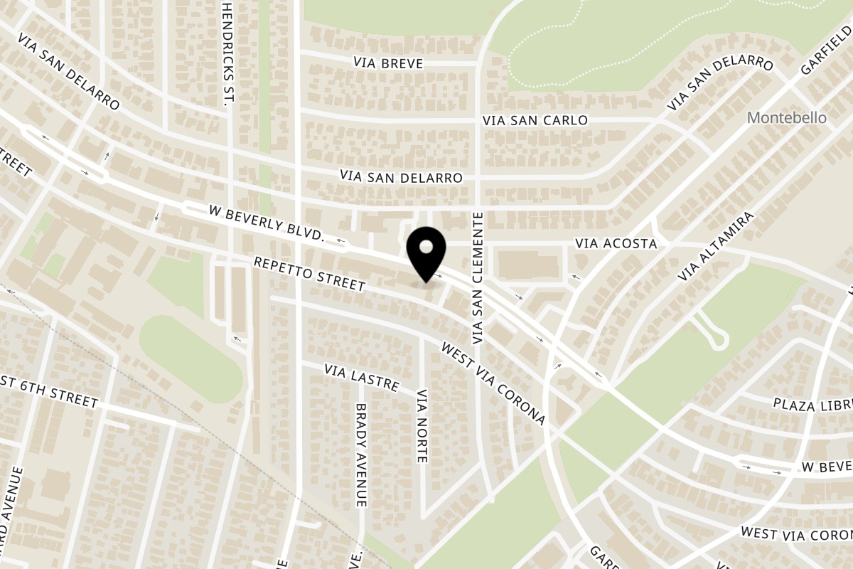 Map showing the location of Gina's Pizzeria on 3017 W Beverly Blvd in Montebello
